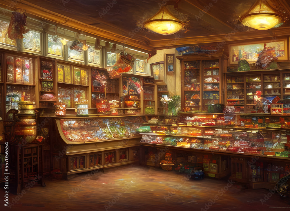 The interior of an old fashioned confectionary shop with jars of sweets and confectionaries on a counter and on shelves. generative ai illustration.