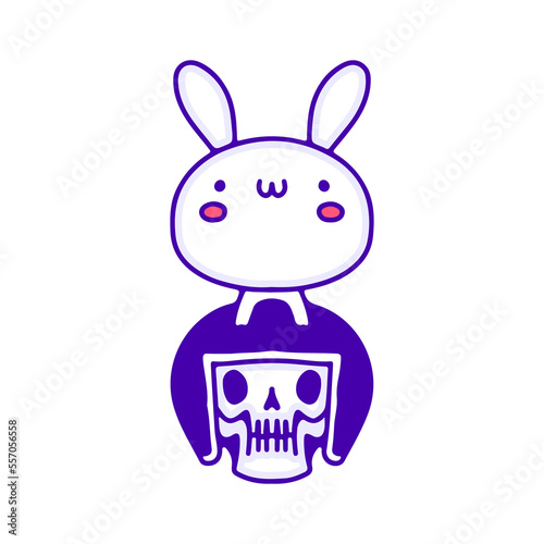 Sweet baby bunny and skull wearing helmet doodle art, illustration for t-shirt, sticker, or apparel merchandise. With modern pop and kawaii style.