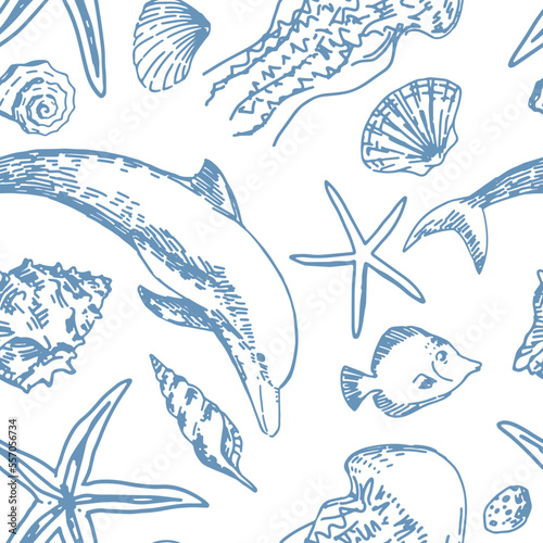 Underwater sea life vector seamless pattern. Exotic fish, dolphin, starfish, shells, jellyfish outline drawings. Abstract ornament of tropical ocean animals.