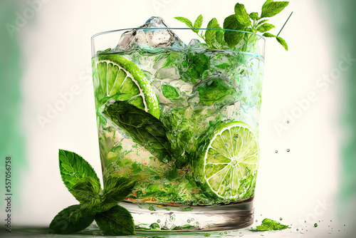 Fototapeta Cooling mojito with ice, fresh mint, and lime for the summer