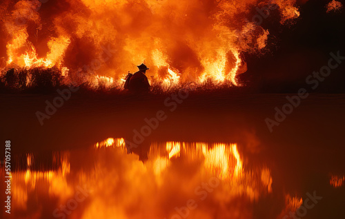 photography close up of a fireman in a forest fire. Intense look of a fighter - AI Generated