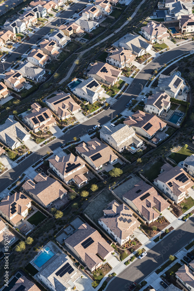 Vertical aerial view of suburban homes in the Santa Clarita neighborhood of Los Angeles County, California.