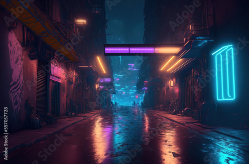 Generative AI illustration of the futuristic city in the style of cyberpunk. Empty street with neon lights. Beautiful night cityscape.