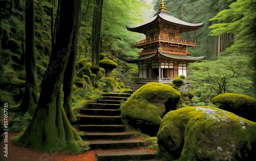 Mystical forest landscape with traditional japanese pagoda. Zen landscape. Japanese temple in the forest. digital art photo