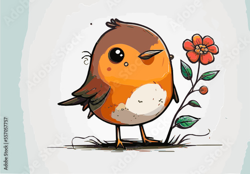 Rotkehlchen European Robin Vektor Cute Happy Bird Sketch Comic Cartoon Birdie Singvogel Gefiedert Freunde Kinderbuch Illustration Gartenvogel