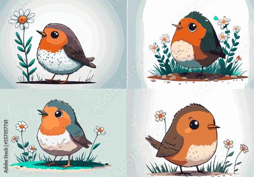 Rotkehlchen European Robin Vektor Cute Happy Bird Sketch Comic Cartoon Birdie Singvogel Gefiedert Freunde Kinderbuch Illustration Gartenvogel