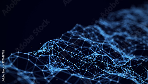 Digital wave with lines and dots. The futuristic abstract structure of network connection. Big data visualization. 3D rendering.