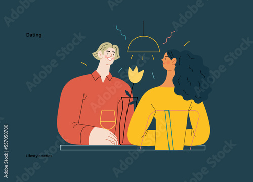 Lifestyle series - Dating - modern flat vector illustration of a woman and a man dating in the restaurant sitting at the table drinking wine, vase with a flower. People activities concept