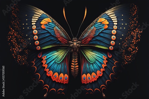  a colorful butterfly with a black background and a black background with a red. generative ai