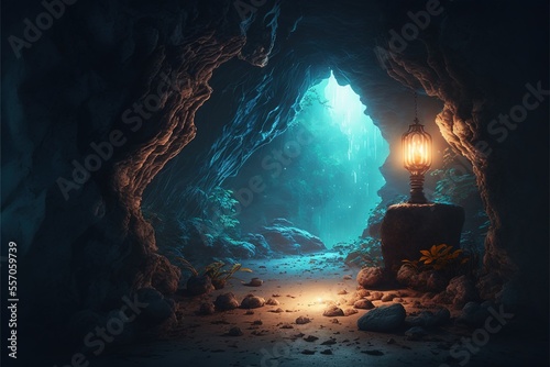 Fototapet A beautiful fantasy environment of a mystical cavern with magical crystals