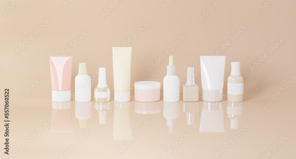Beauty and self care cosmetology products on pastel background, 3d rendering. Glass jars, tiny bottles and tubes of cosmetics, digital illustration Beauty and self care cosmetology products on pastel background, 3d rendering. Glass jars, tiny bottles and tubes of cosmetics, digital illustration