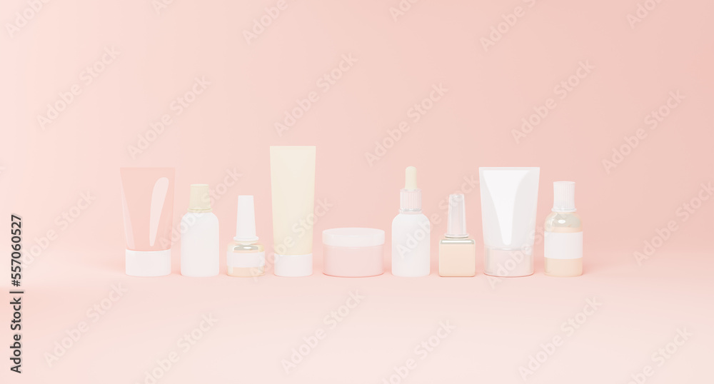 Beauty and self care cosmetology products on pastel background, 3d rendering. Glass jars, tiny bottles and tubes of cosmetics, digital illustration Beauty and self care cosmetology products on pastel background, 3d rendering. Glass jars, tiny bottles and tubes of cosmetics, digital illustration
