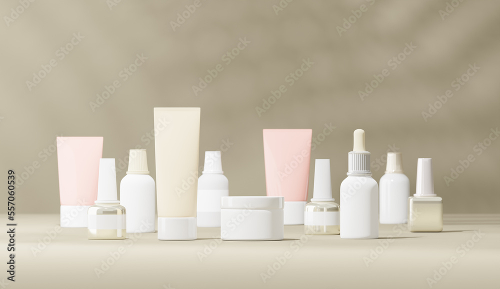 Beauty and self care cosmetology products on pastel background and tropical shadow, 3d rendering. Glass jars, tiny bottles and tubes of cosmetics, digital illustration Beauty and self care cosmetology products on pastel background and tropical shadow, 3d rendering. Glass jars, tiny bottles and tubes of cosmetics, digital illustration