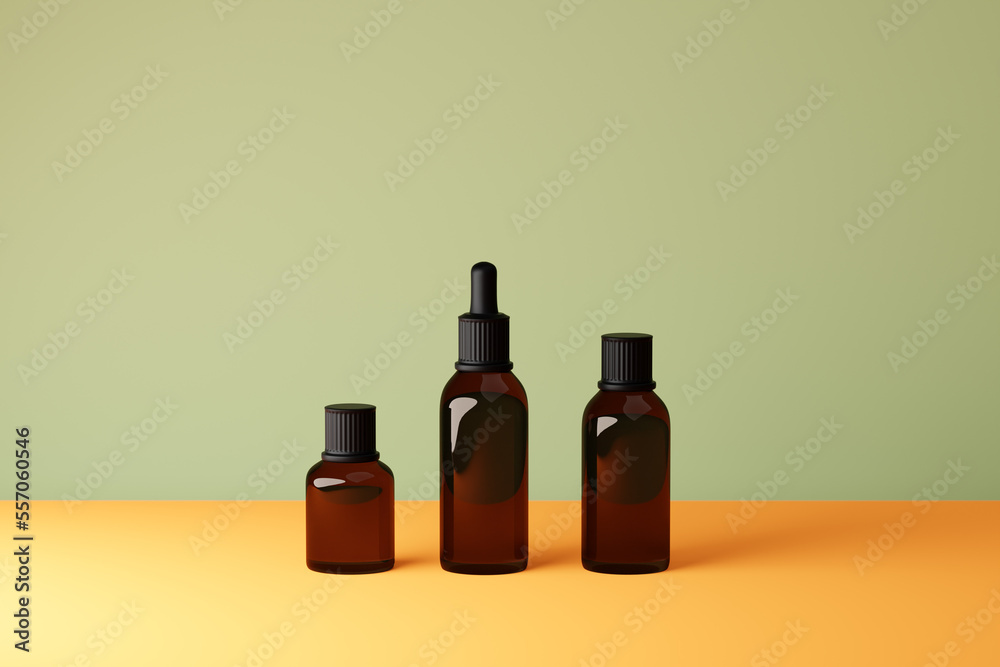 Glass jars, little bottles and a dropper in green and yellow background. 3d rendering of beauty and health producst, mock-up design