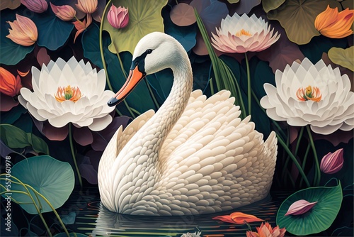 Fototapeta Naklejka Na Ścianę i Meble -  a white swan sitting on top of a pond filled with water lilies