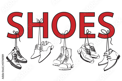 collection of shoes hanging on shoelaces isolated on white background