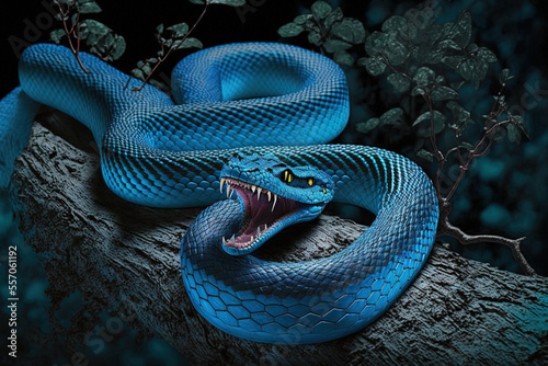 Foto On a branch, a blue insular viper snake is flexing its jaws