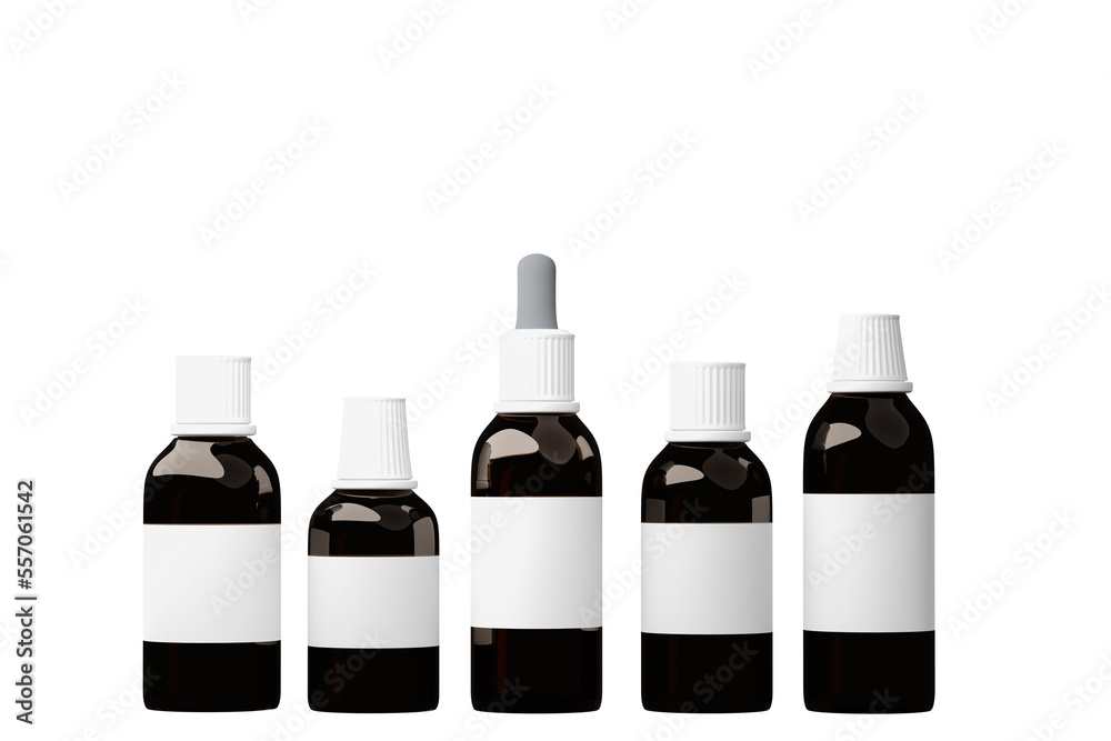 Glass jars, little bottles and a dropper in isolated background. 3d rendering of beauty and health producst, mock-up design Glass jars, little bottles and a dropper in isolated background. 3d rendering of beauty and health producst, mock-up design