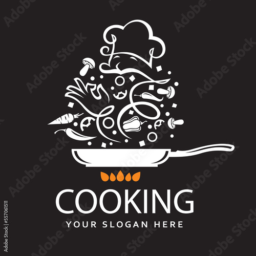 cooking process of vegetables on pan isolated on black background