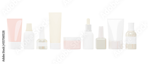 Beauty and self care cosmetology products on isolated background, 3d rendering. Glass jars, tiny bottles and tubes of cosmetics, digital illustration