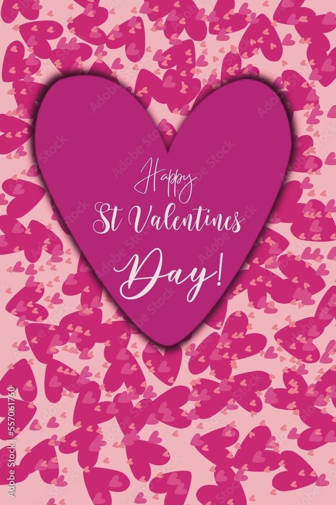 Happy Valentines Day trendy card. Big pink heart illustration on many little hearts background. Modern  love illustration. Valentine's dayTypography poster, card, label, banner design.