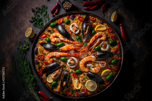 Seafood Paella with chilli. View from top. Generative AI
