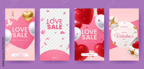 Valentine's Day social media stories template. Banners with romantic design, love symbols, balloons and place for text. Ideal for wedding, event invitation, discount voucher, promo. Vector eps 10