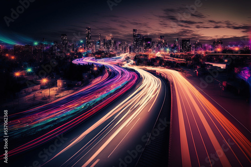 City nighttime traffic leaves a vivid light trail behind it. Generative AI