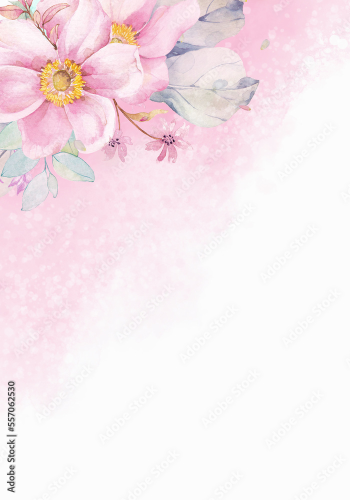 Flowers composition. Frame made of spring flowers and blossoms on pink white background.