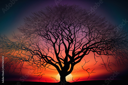 Branches of a tree without leaves against a sunset backdrop. Generative AI