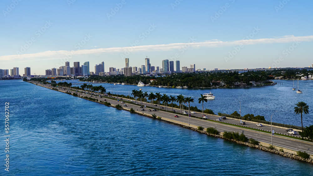 Beautiful aerial panoramic view of the city of Miami, its buildings, marina, yachts and luxurious suburbs houses