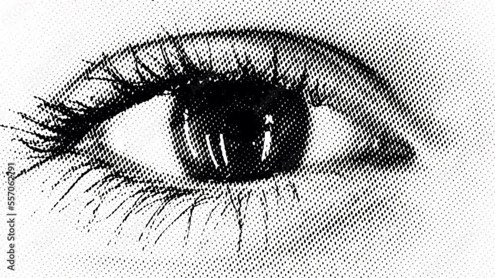 Macro, close up abstract woman eye blinking background video with halftone effect. Cartoon retro vintage style opening and closing eye. Technological vision, Innovative futuristic concepts.