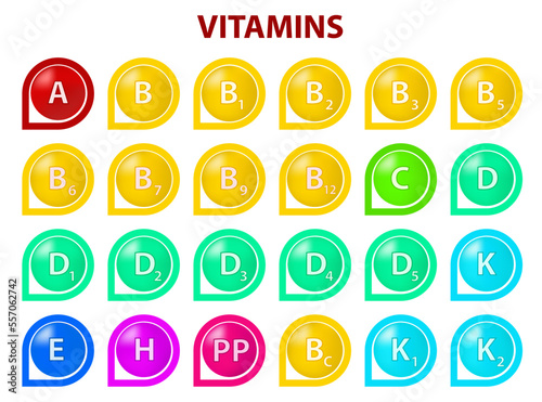 A set of multicolored icons of a multivitamin complex. Multivitamin supplement. Vitamin A, group B 1, B2, B6, B12, C, D, D3, E, K, P, PP. The concept infographics of vitamin for a healthy lifestyle 