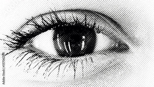 Macro, close up abstract woman eye blinking background video with halftone effect. Cartoon retro vintage style opening and closing eye. Technological vision, Innovative futuristic concepts.