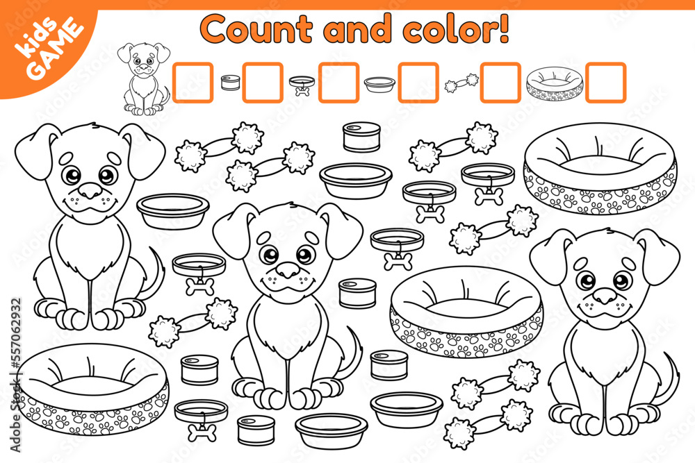 Counting game for preschool children. Educational a mathematical game with cartoon dog and dog accessories. Count how many object and write the result. Coloring page for kids. Vector illustration.