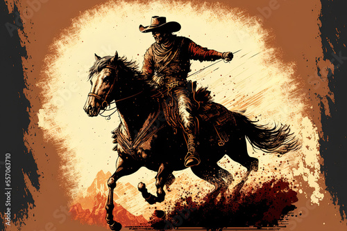 Vintage illustration of a cowboy riding a horse in a traditional western rodeo with distinct layers for t shirt grunge effects. Generative AI