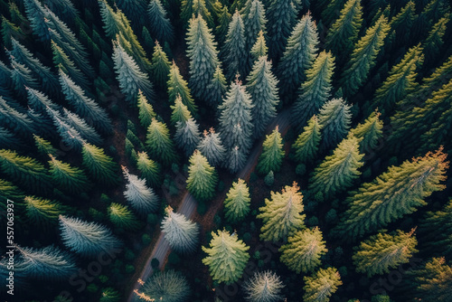 aerial view of a grove of pine trees. background on ecology wonderlust. Generative AI © 2rogan