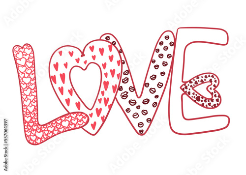 Red Love badge lettering with hearts inside the letters. Hand drawn word Love icon. Valentines Day poster card invitation banner. Romantic quote vector lettering typography. Calligraphy