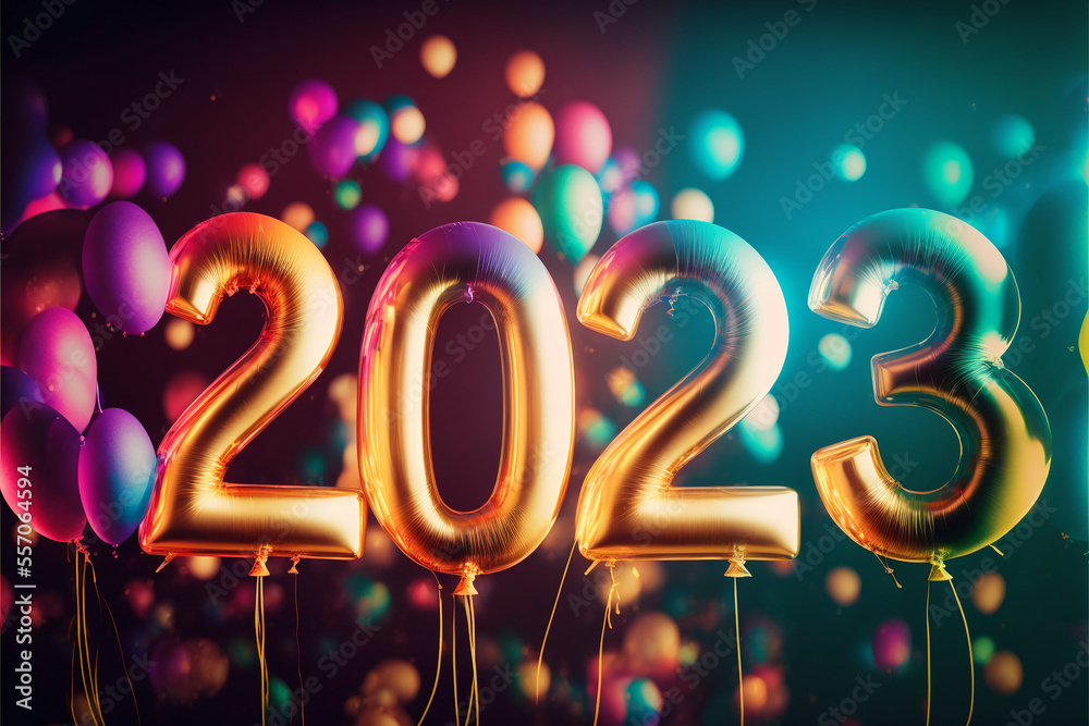 Happy New Years 2023 Banner colorful balloon letters with blurred bokeh background, generative art Happy New Years 2023 Banner colorful balloon letters with blurred bokeh background, generative art