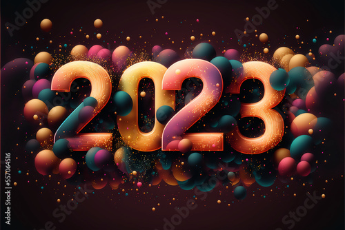 Happy New Years 2023 Banner colorful bubbles and ballons, generative art