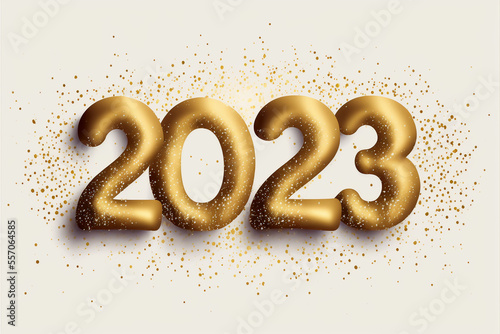 Happy New Years 2023 Banner gold numbers with sparkles bokeh background, generative art