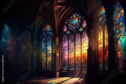 Foto Sunlight streaming through towering stained glass windows constructed of many colors of glass in the inside of a palace