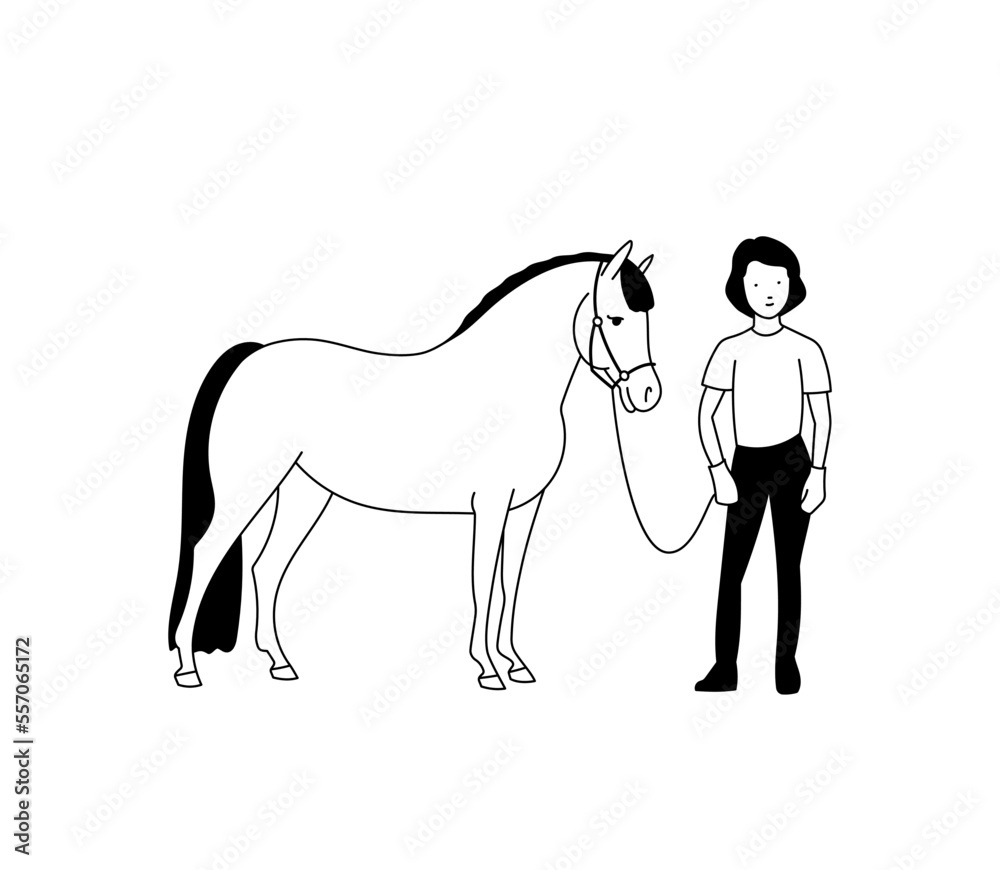 Fototapeta premium Happy girl and a pony are standing next to each other