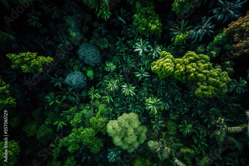 Aerial top view and wide image of a canopy of a tropical forest. Generative AI photo