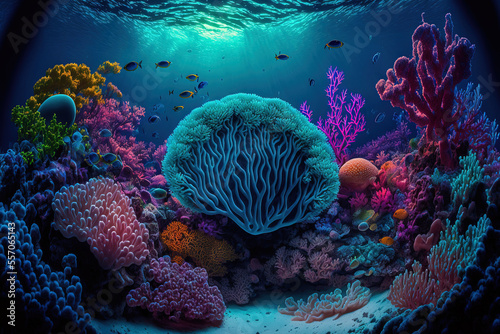 Underwater coral reef, sea coral lagoon, and ocean ecology. Generative AI