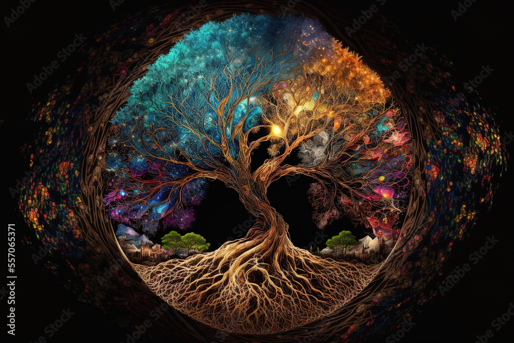 The big tree of life, which connects the terrestrial and heavenly realms, is the source of all life in the cosmos. Generative AI