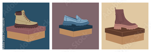 Set of boxes with female shoes and boots. Various types trendy casual footwear. Hand drawn vector illustration isolated on colored background. Modern flat cartoon style.