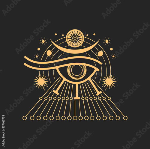Eye of Horus, ancient Egyptian symbol of protection, pentagram star and sun rays. Eye of Ra, vector occult and esoteric magic symbol isolated on black