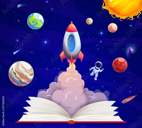 School book with rocket launch and space landscape. Knowledge and imagination concept, college education or science fiction reading background with open book, spaceship takeoff and galaxy planets