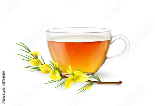 Realistic rooibos tea cup and flower. 3d vector transparent glass mug with fresh hot herbal drink and plant branch with yellow blossoms. Red roibos tea infusion design isolated on white background photo